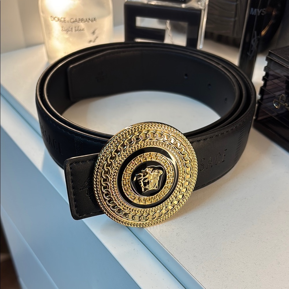 Versace Black Belt with Gold Medusa Buckle